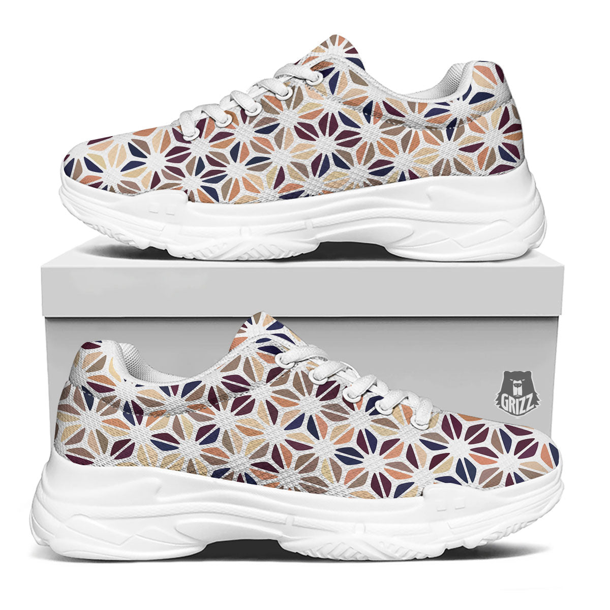 Floral Geometric Print White Chunky Shoes-grizzshop