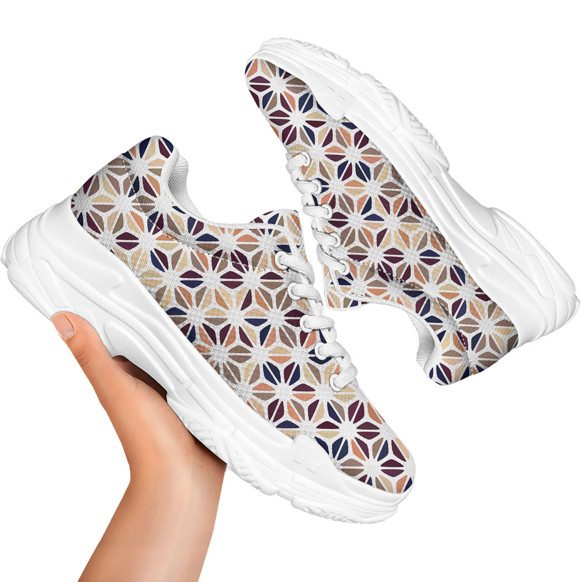 Floral Geometric Print White Chunky Shoes-grizzshop