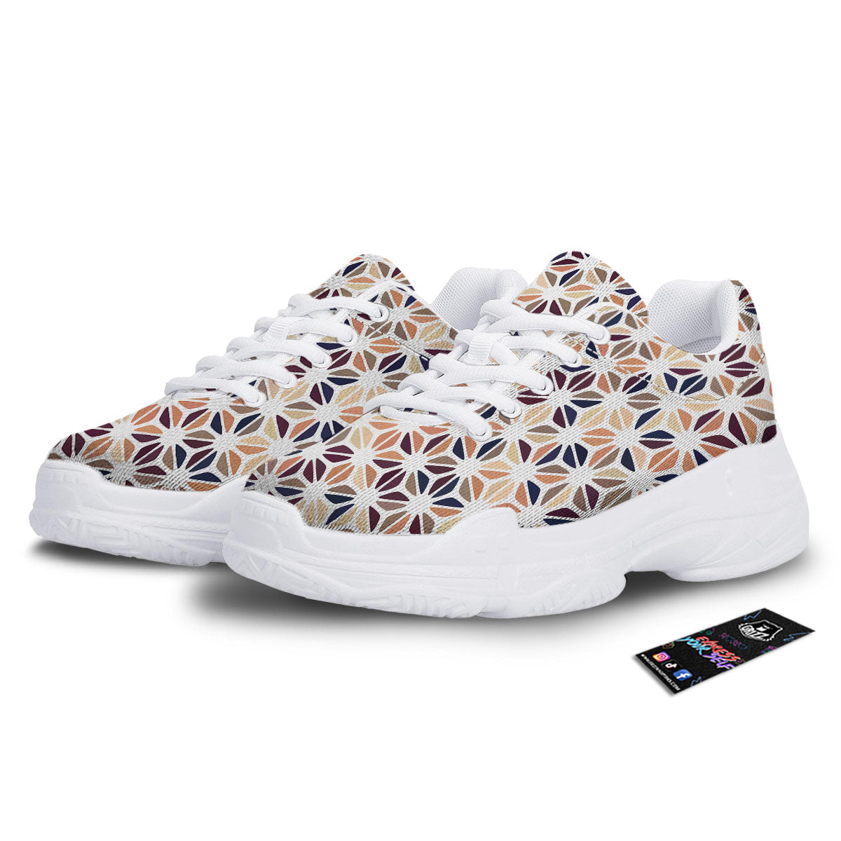 Floral Geometric Print White Chunky Shoes-grizzshop