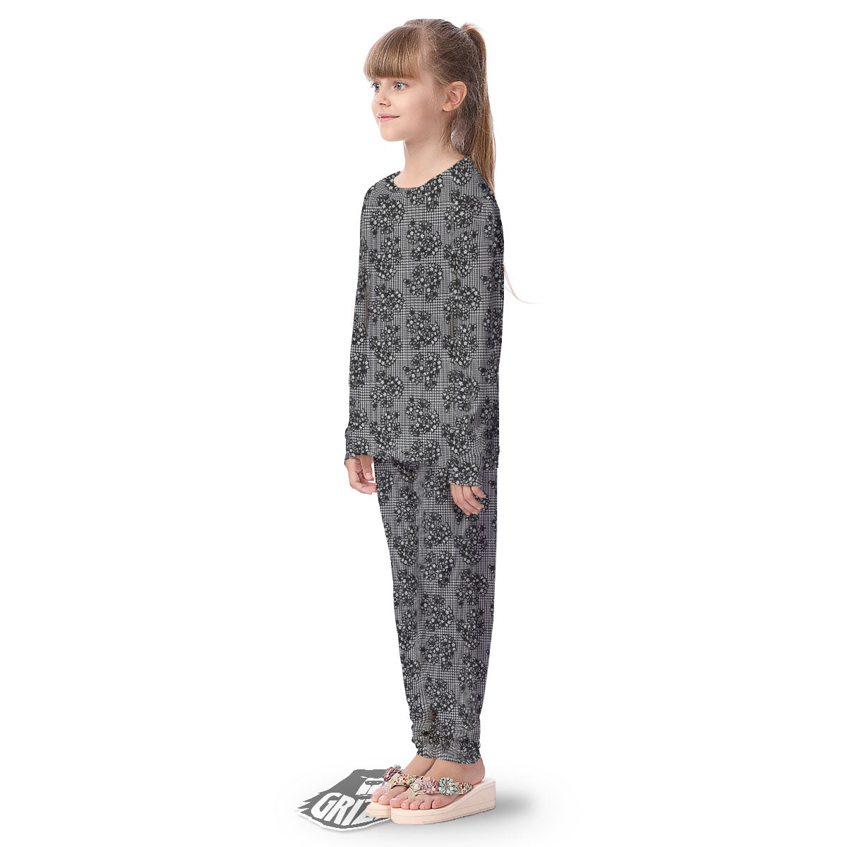 Floral Glen Plaid White And Black Print Kid's Pajamas-grizzshop