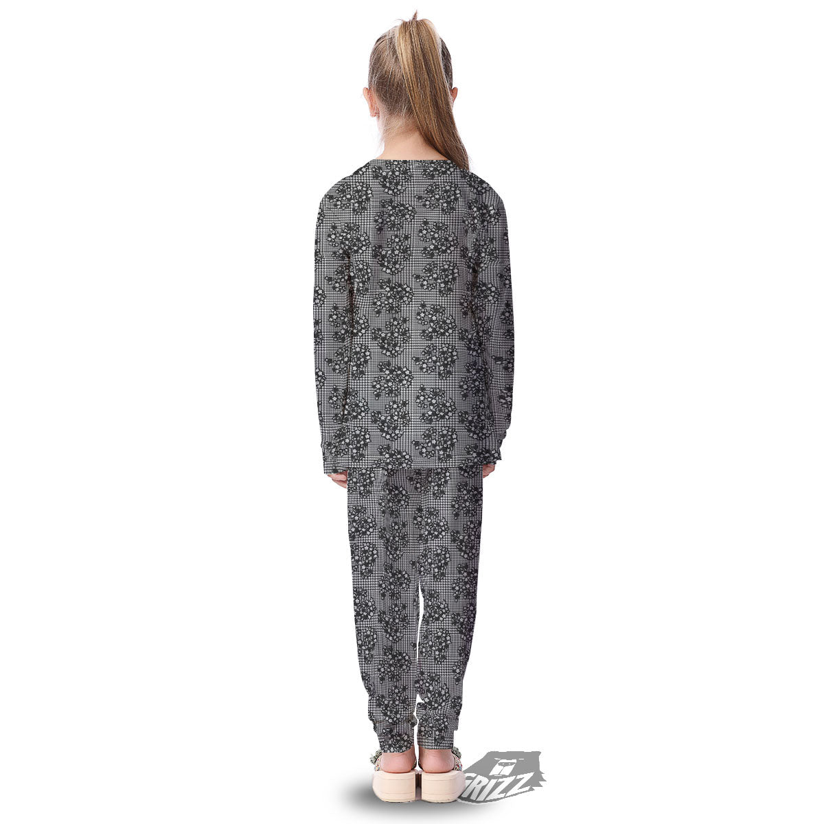 Floral Glen Plaid White And Black Print Kid's Pajamas-grizzshop