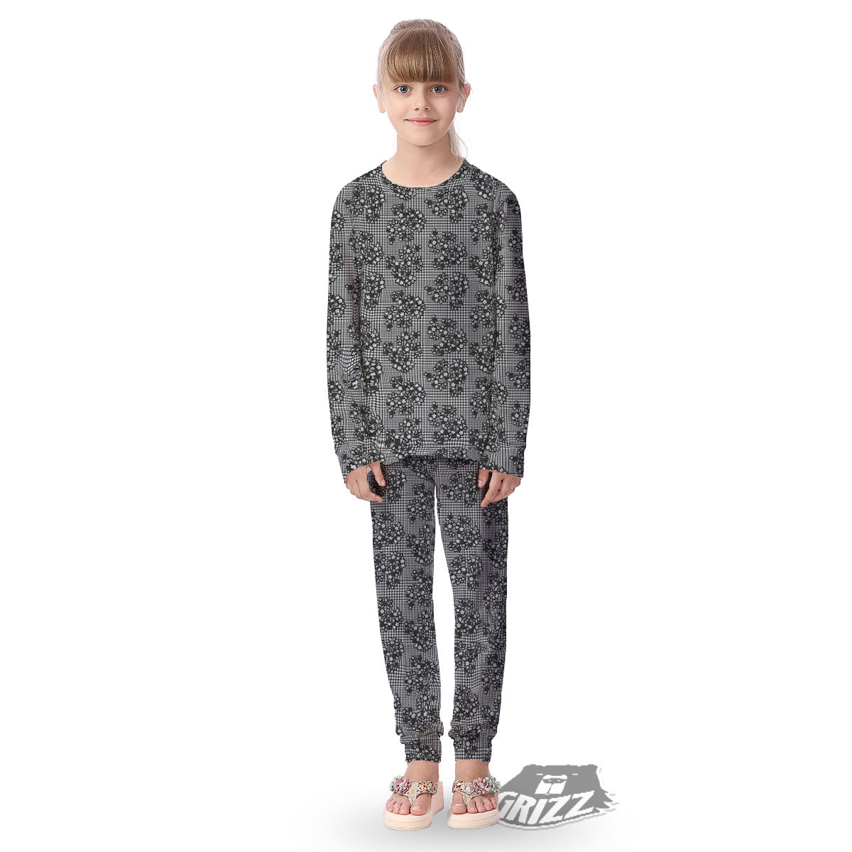 Floral Glen Plaid White And Black Print Kid's Pajamas-grizzshop