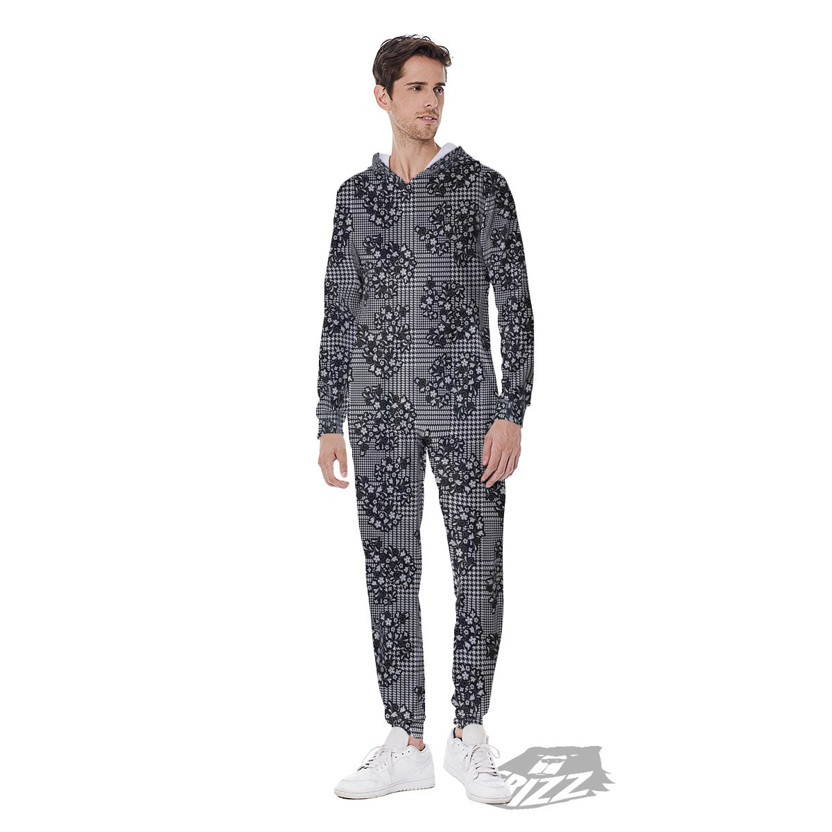 Floral Glen Plaid White And Black Print Men's Jumpsuit-grizzshop