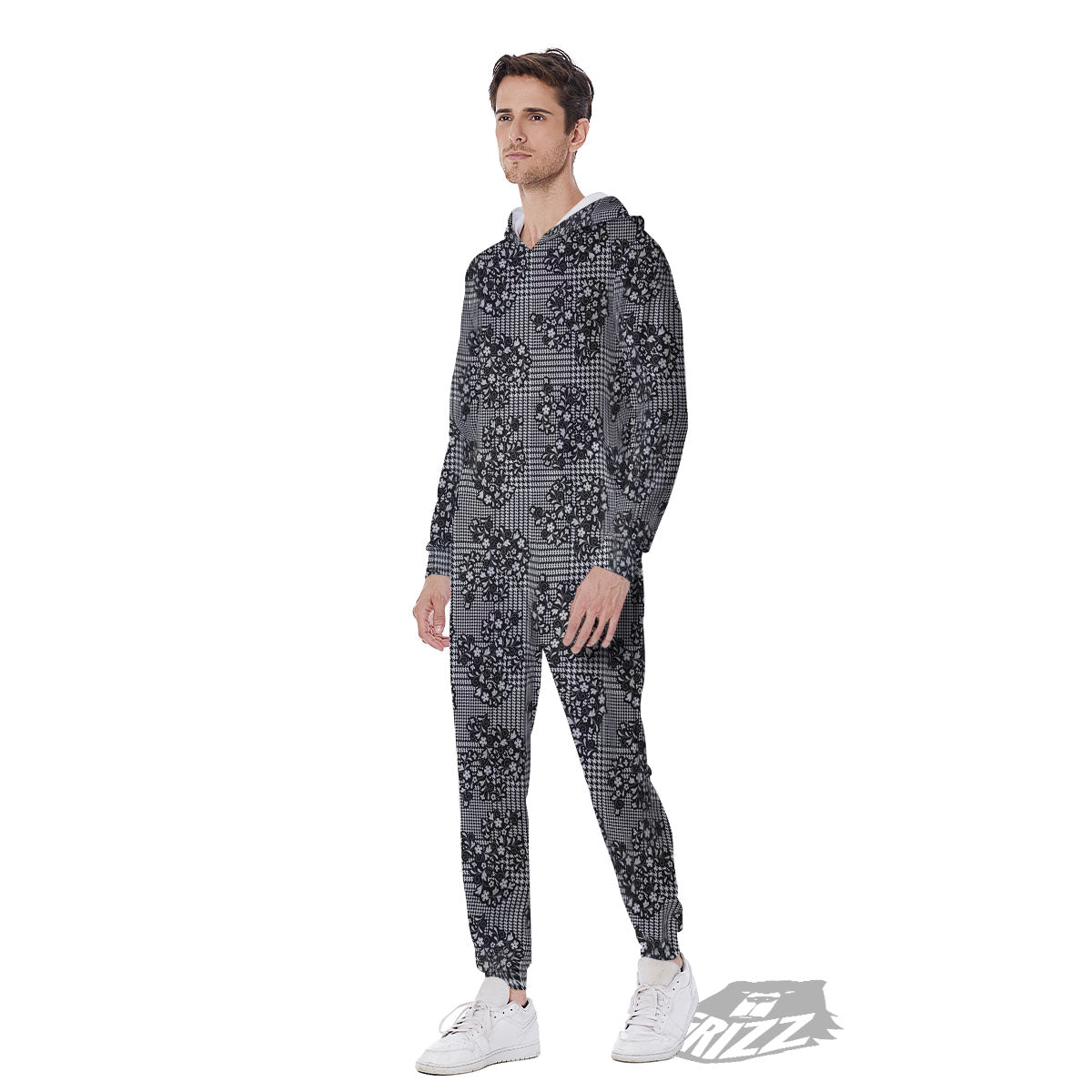 Floral Glen Plaid White And Black Print Men's Jumpsuit-grizzshop