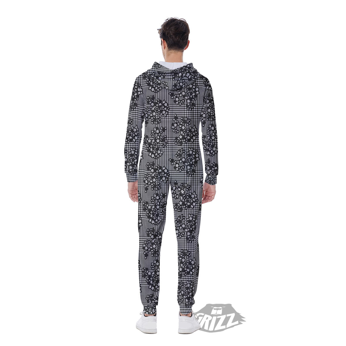 Floral Glen Plaid White And Black Print Men's Jumpsuit-grizzshop