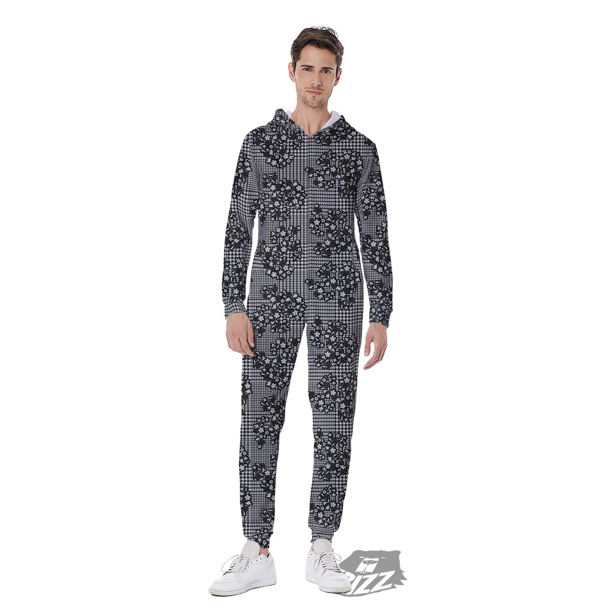Floral Glen Plaid White And Black Print Men's Jumpsuit-grizzshop