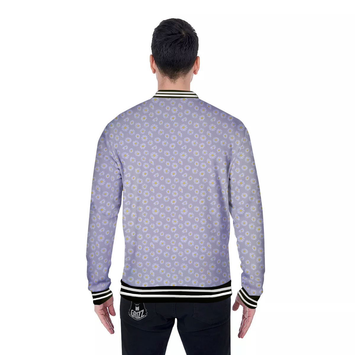 Floral Grey Daisy Print Pattern Baseball Jacket-grizzshop
