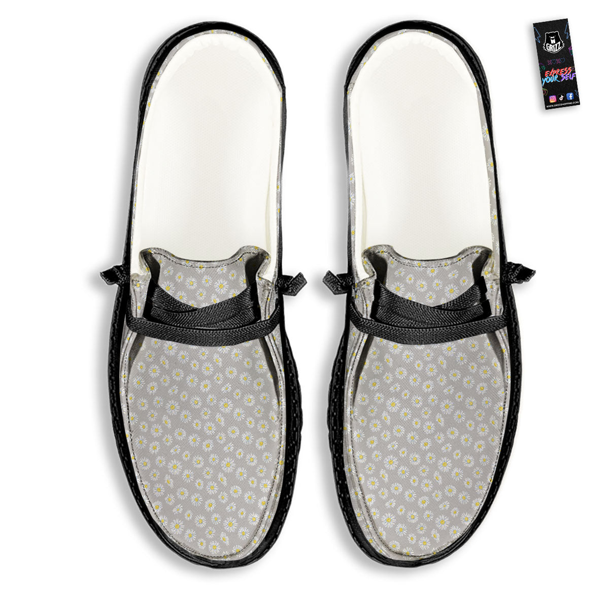 Floral Grey Daisy Print Pattern Black Loafers-grizzshop