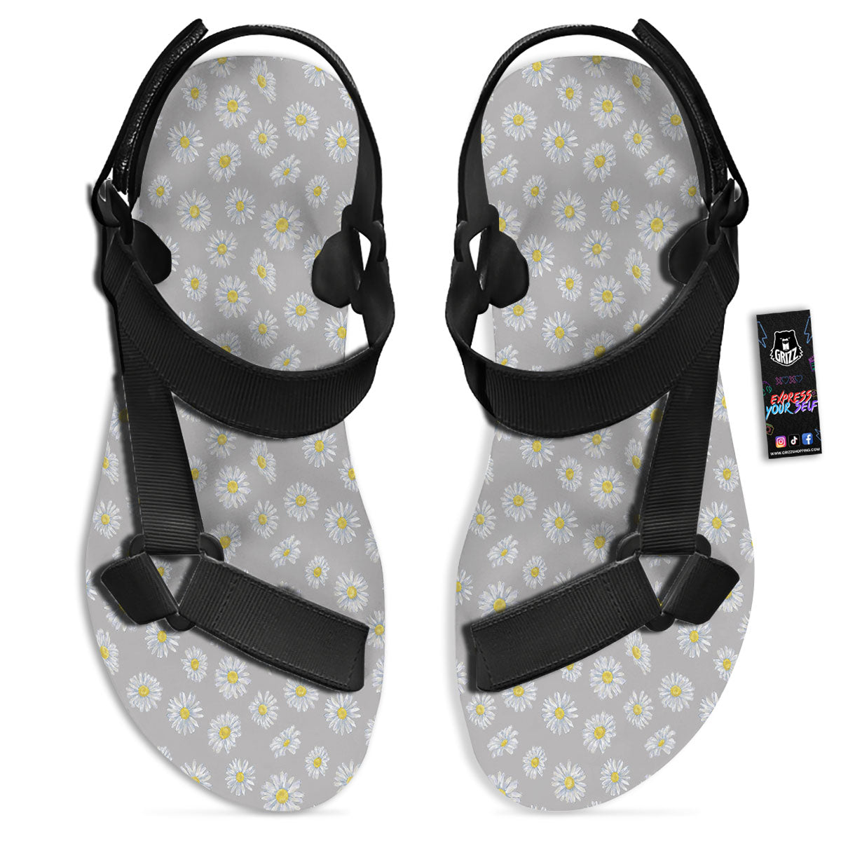 Floral Grey Daisy Print Pattern Black Open Toe Sandals-grizzshop