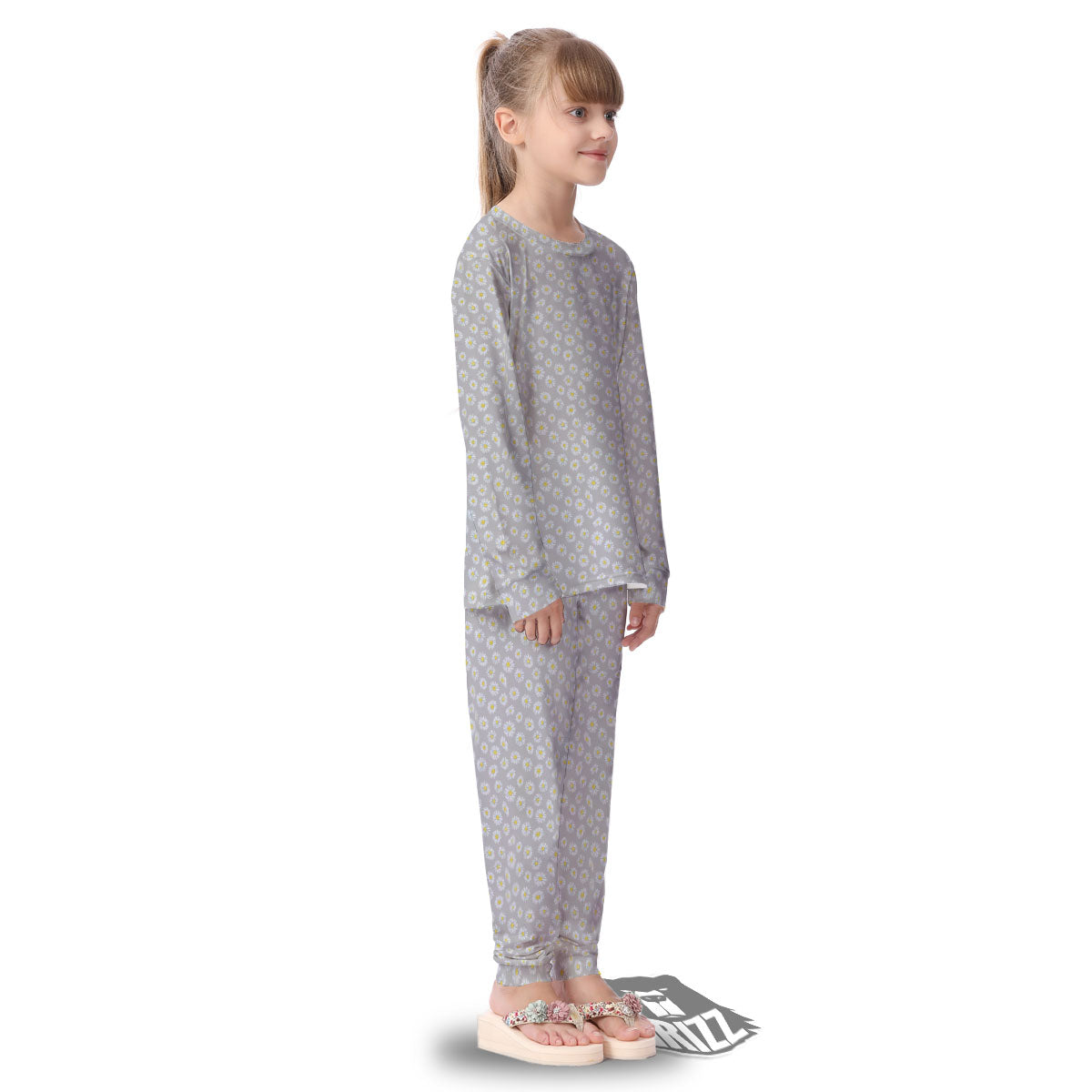 Floral Grey Daisy Print Pattern Kid's Pajamas-grizzshop
