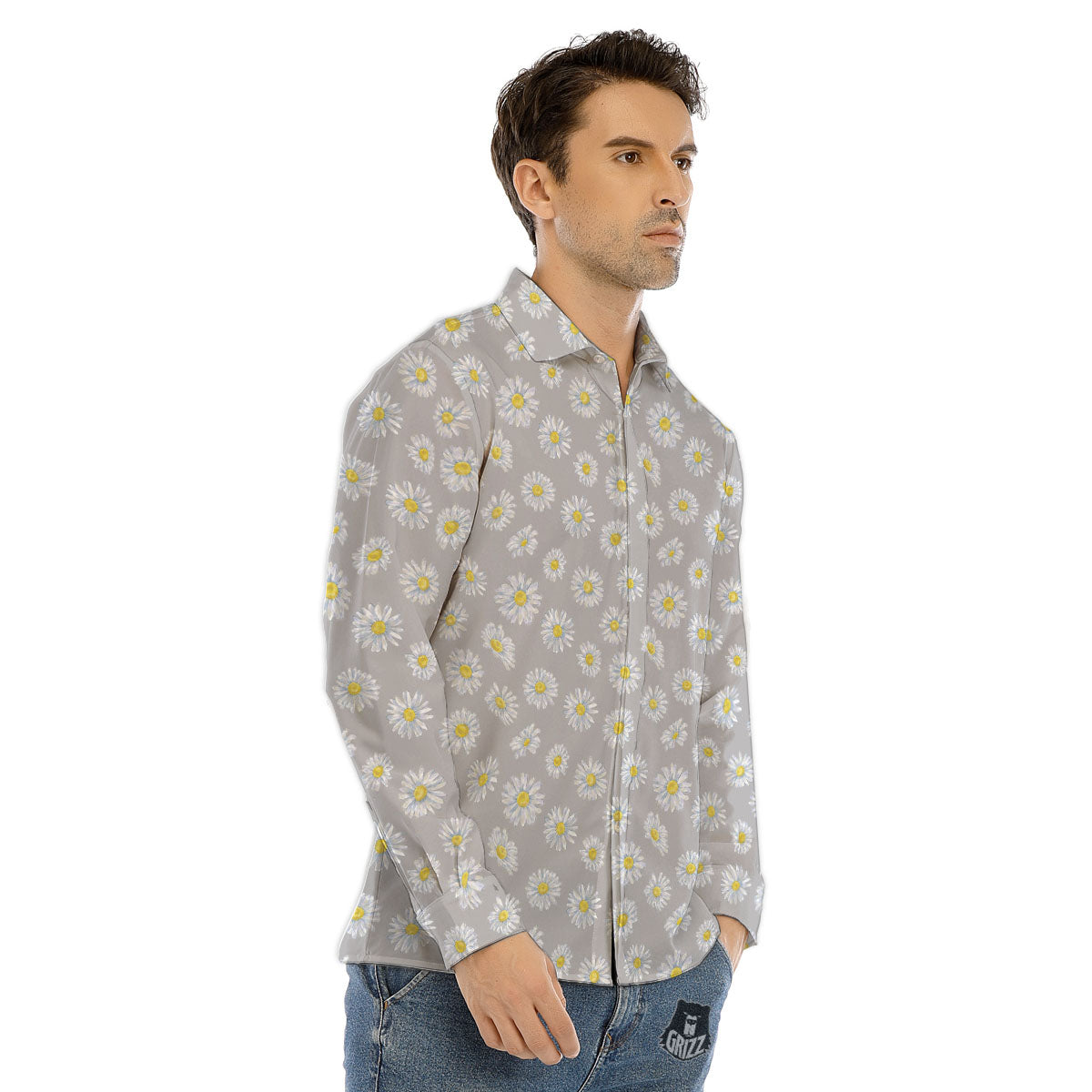 Floral Grey Daisy Print Pattern Men's Dress Shirts-grizzshop