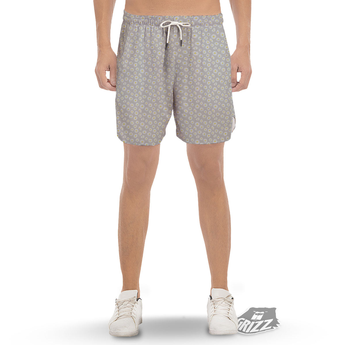 Floral Grey Daisy Print Pattern Men's Gym Shorts-grizzshop