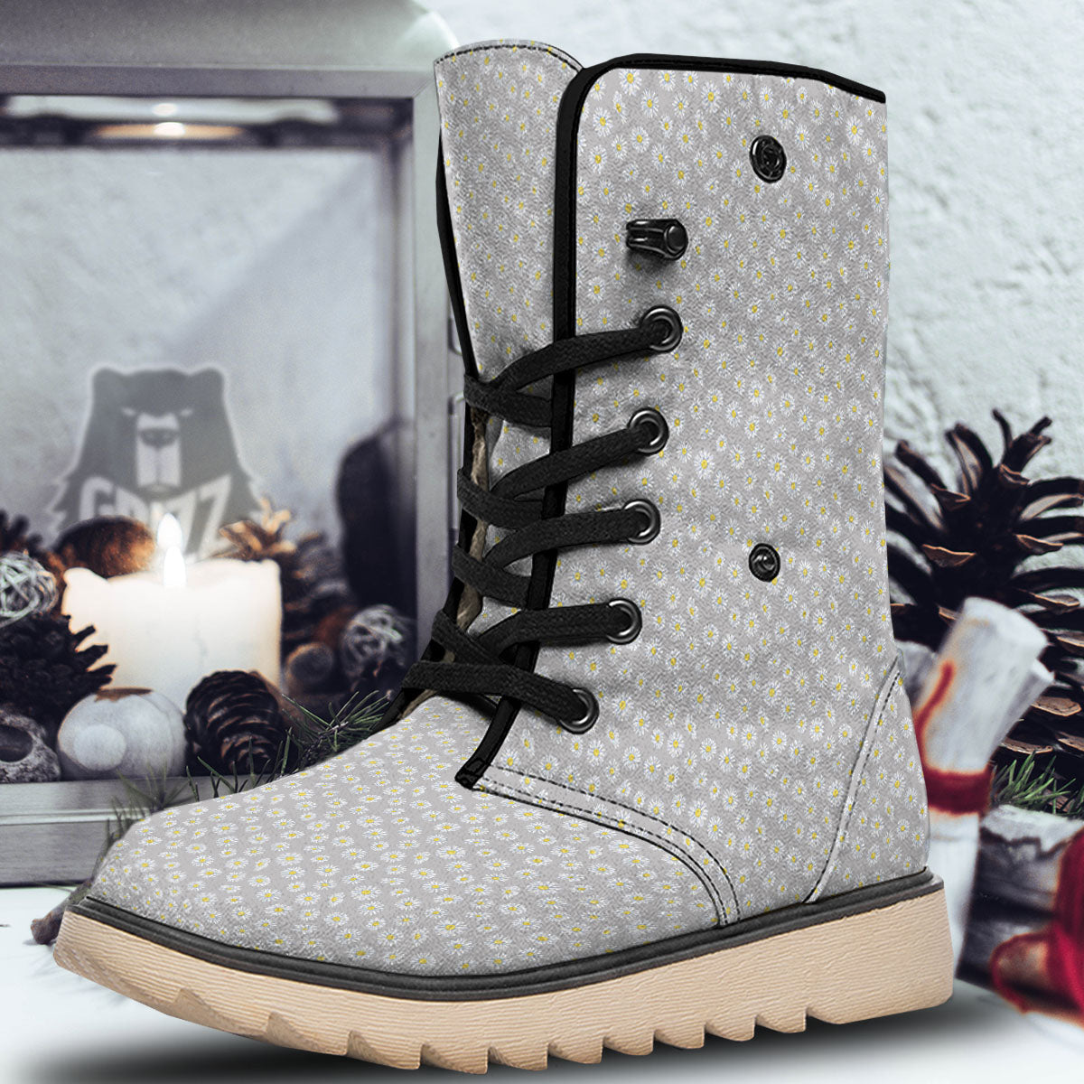 Floral Grey Daisy Print Pattern Snow Boots-grizzshop