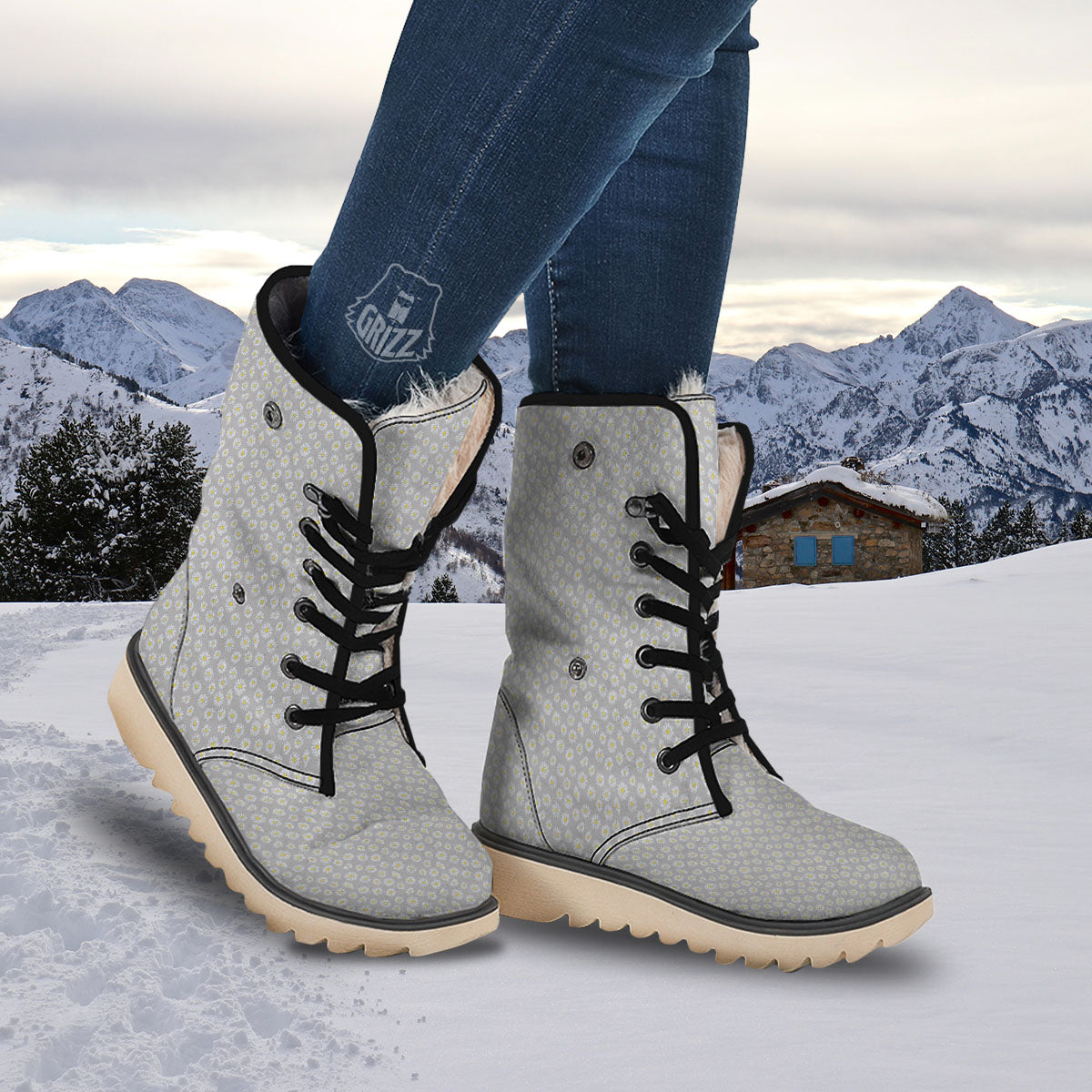 Floral Grey Daisy Print Pattern Snow Boots-grizzshop