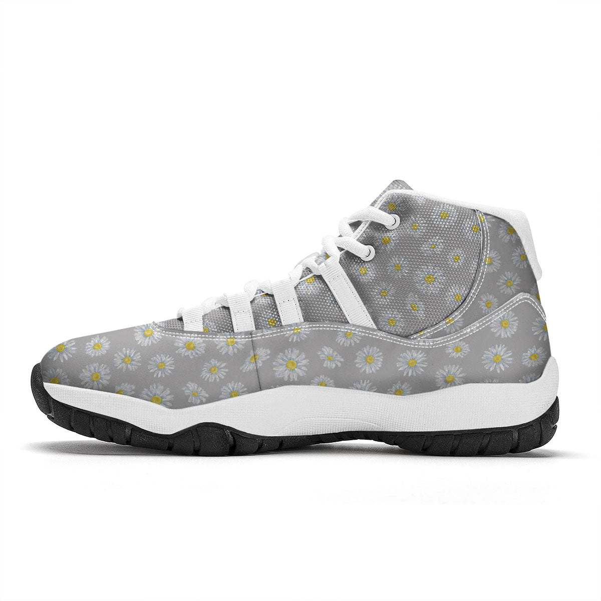 Floral Grey Daisy Print Pattern White Bball Shoes-grizzshop