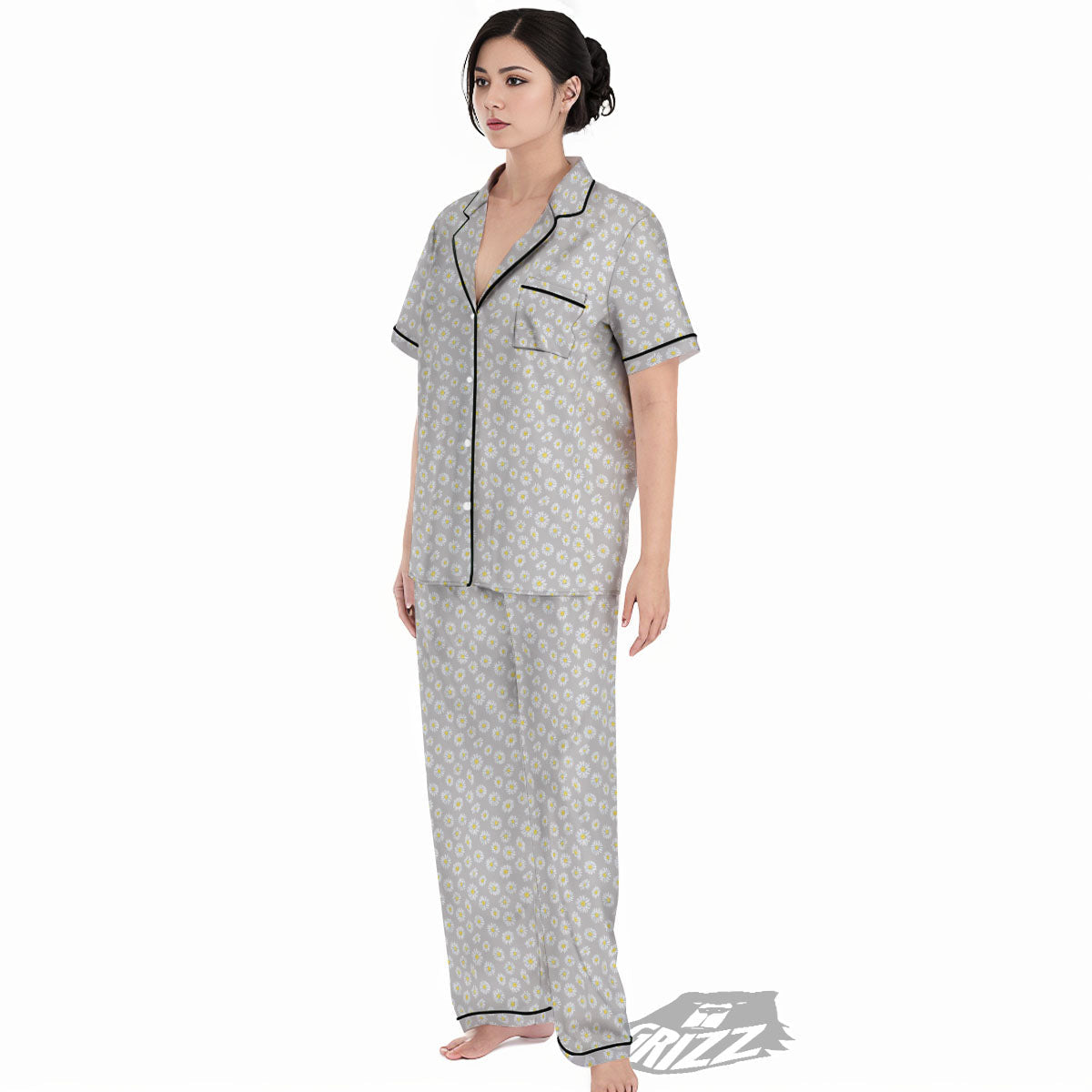 Floral Grey Daisy Print Pattern Women's Pajamas Set-grizzshop