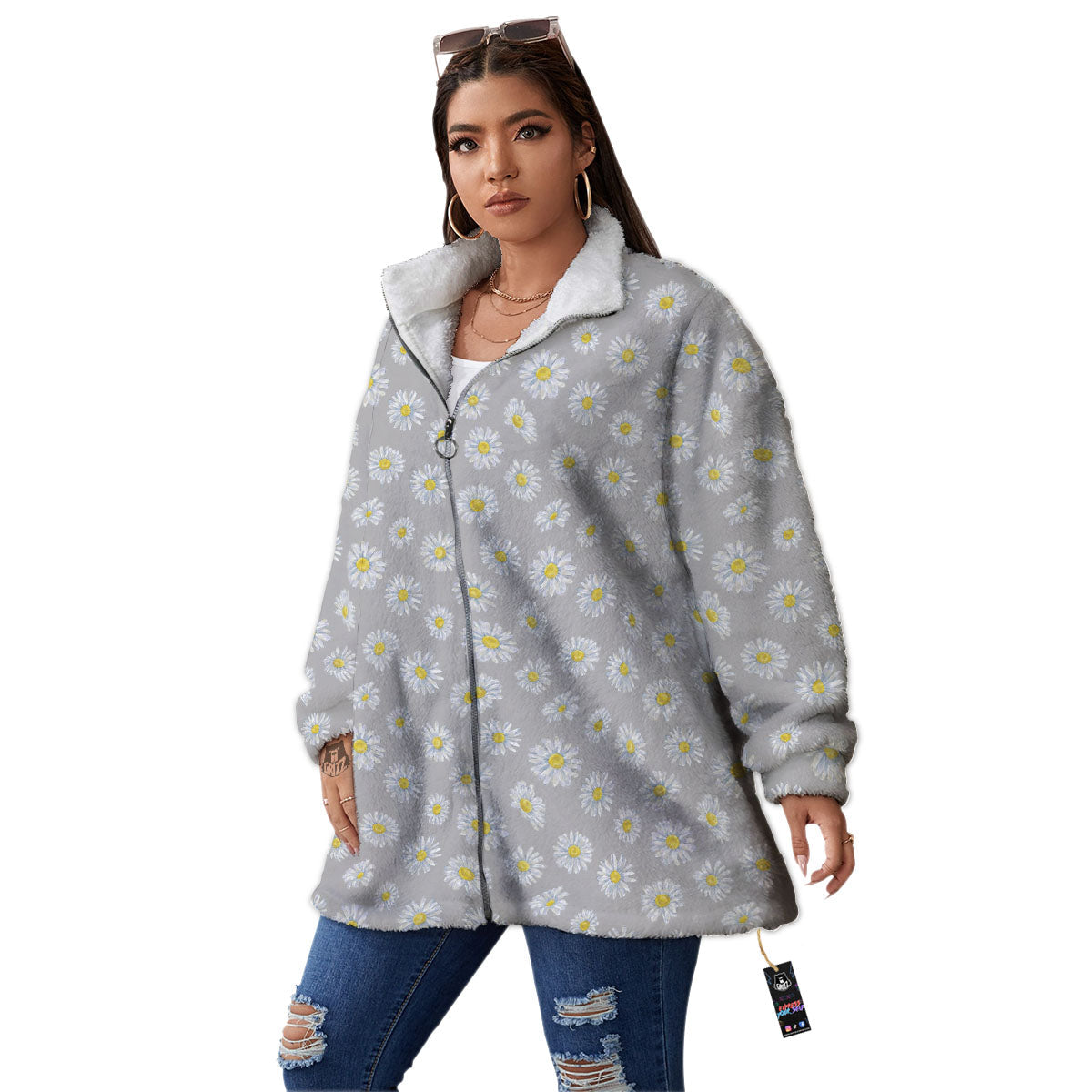 Floral Grey Daisy Print Pattern Women's Sherpa Jacket-grizzshop