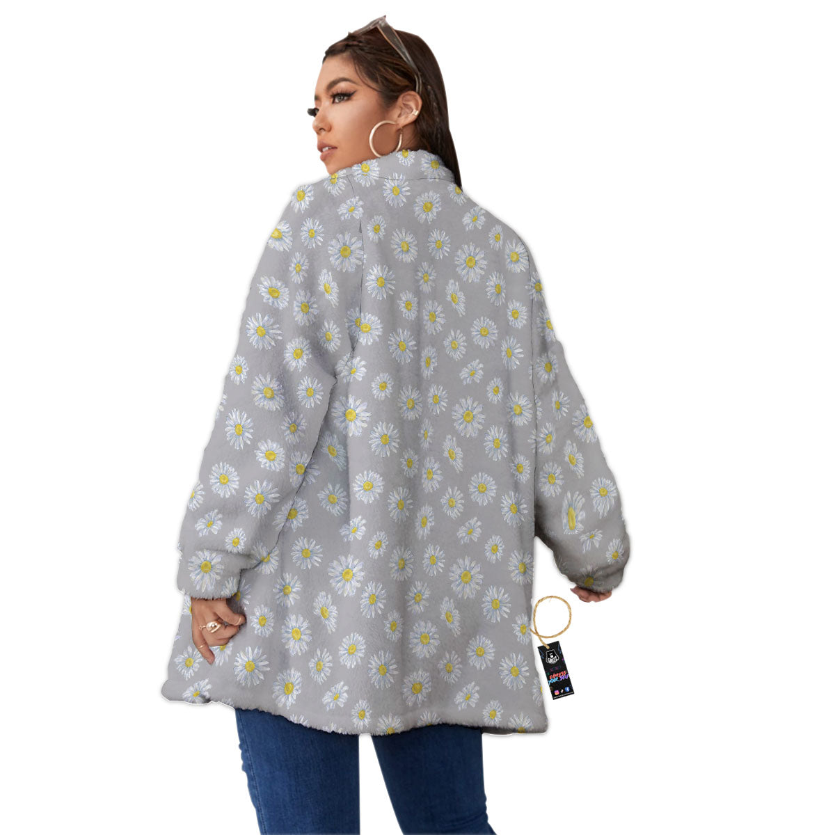 Floral Grey Daisy Print Pattern Women's Sherpa Jacket-grizzshop