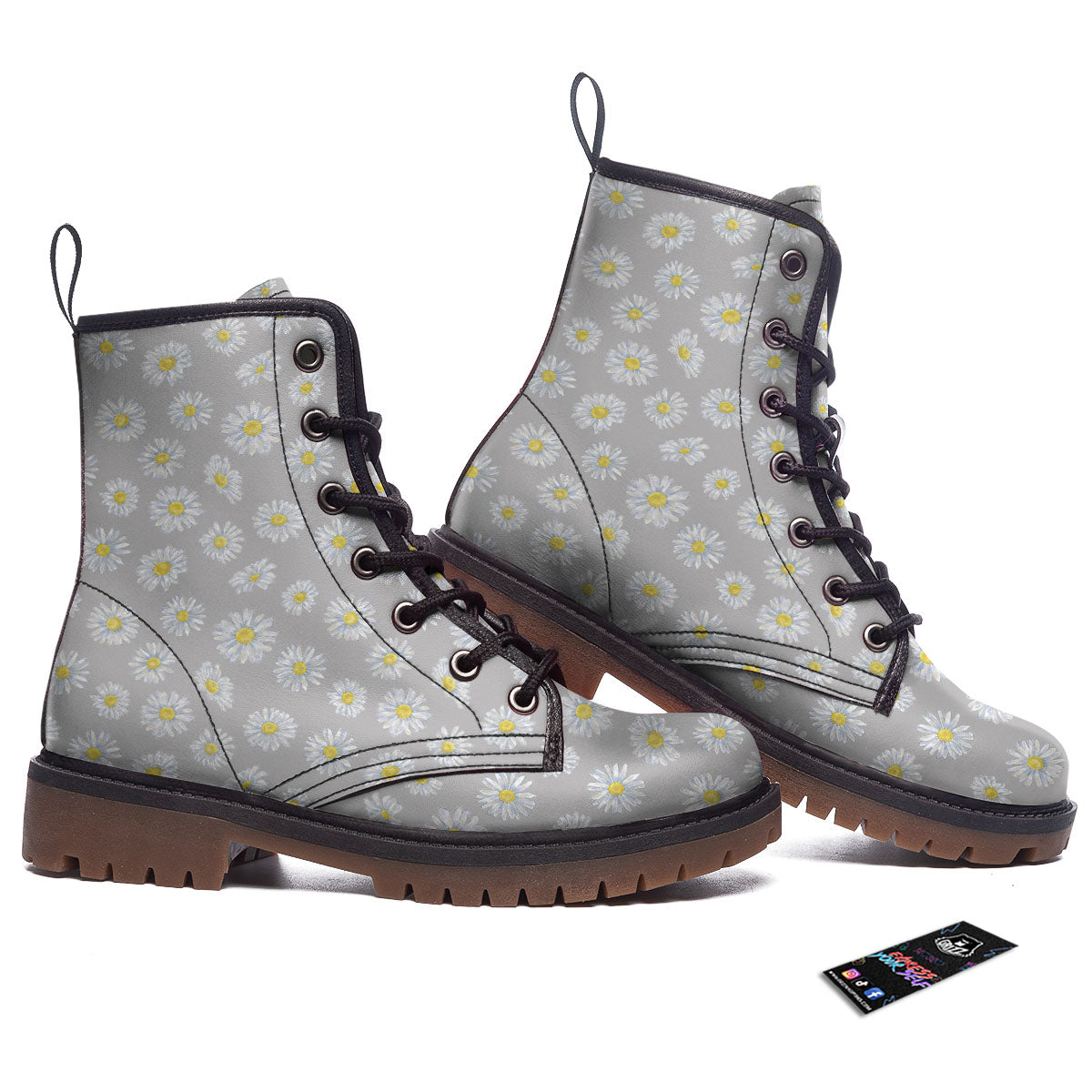 Floral Grey Daisy Print Pattern Work Boots-grizzshop