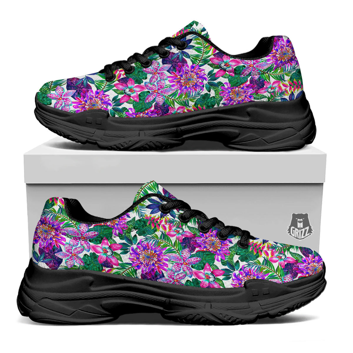 Floral Hawaii Colorful Print Pattern Colorful Black Chunky Shoes-grizzshop