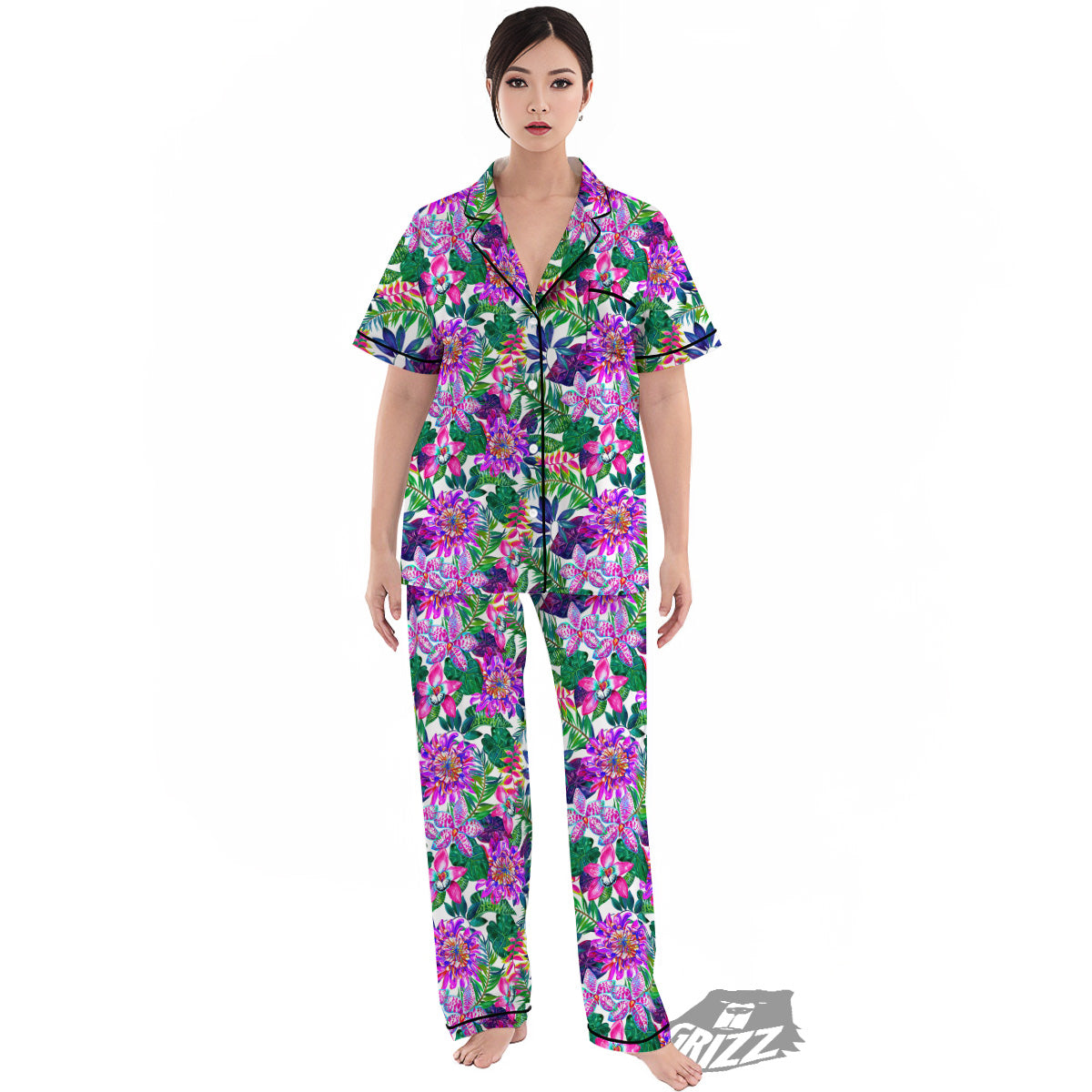 Floral Hawaii Colorful Print Pattern Colorful Women's Pajamas Set-grizzshop