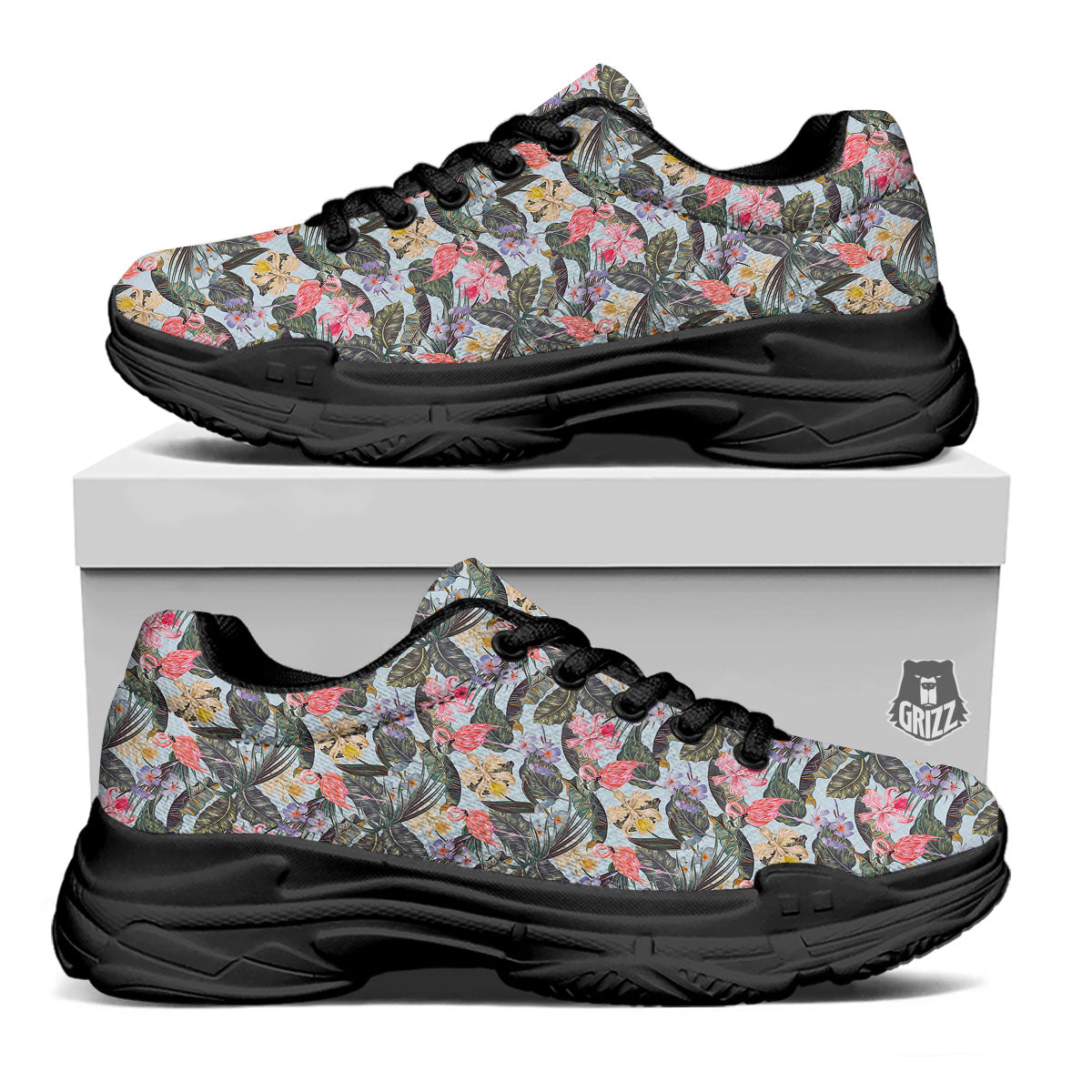 Floral Hawaiian And Flamingo Print Black Chunky Shoes-grizzshop