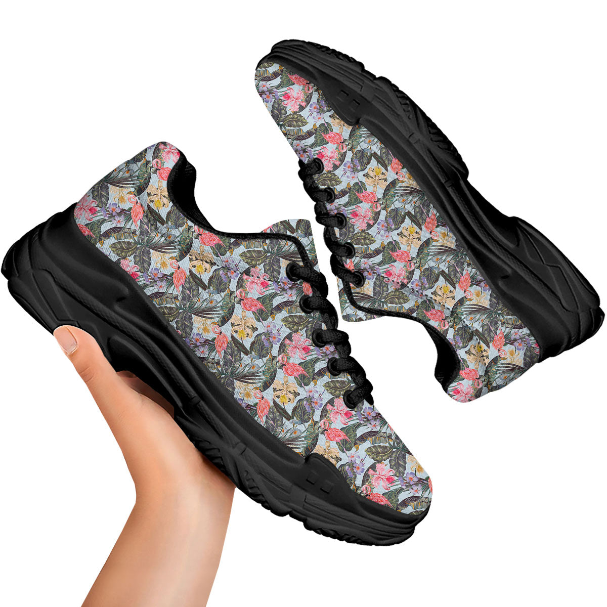 Floral Hawaiian And Flamingo Print Black Chunky Shoes-grizzshop