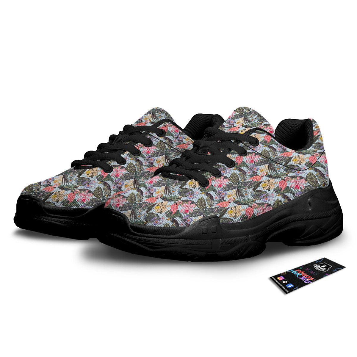 Floral Hawaiian And Flamingo Print Black Chunky Shoes-grizzshop