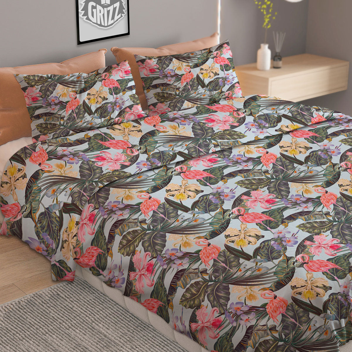 Floral Hawaiian And Flamingo Print Duvet Cover Bedding Set
