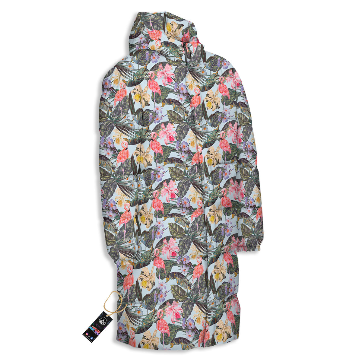 Floral Hawaiian And Flamingo Print Long Down Jacket-grizzshop