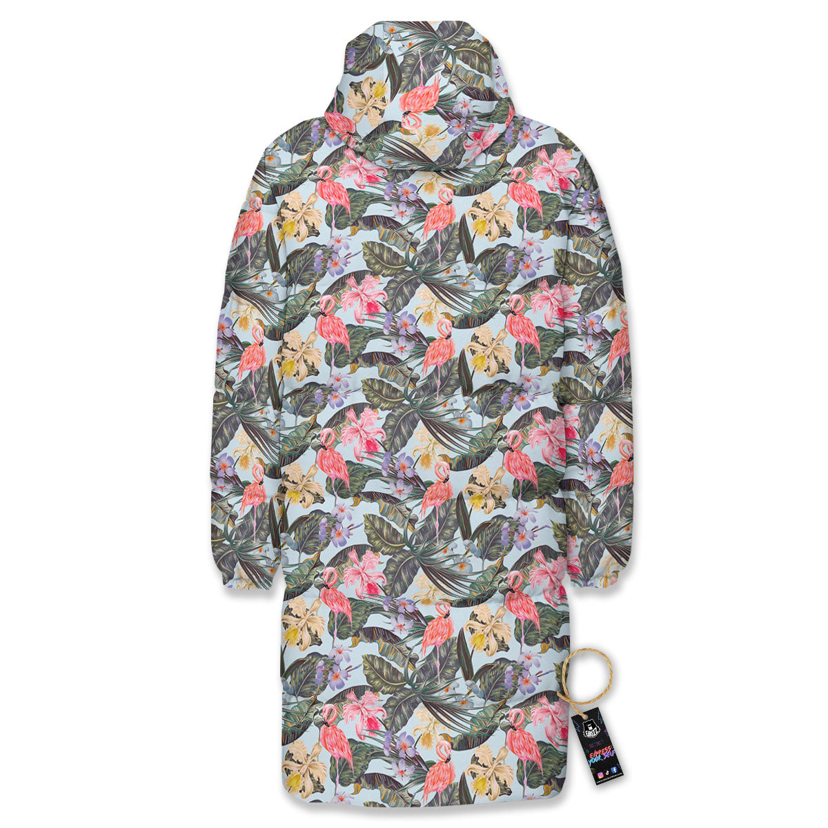 Floral Hawaiian And Flamingo Print Long Down Jacket-grizzshop