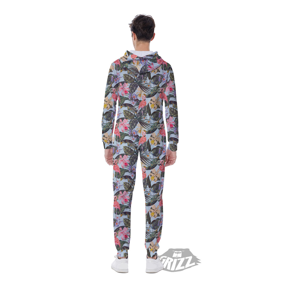 Floral Hawaiian And Flamingo Print Men's Jumpsuit-grizzshop