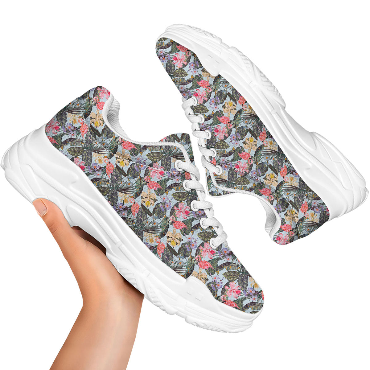 Floral Hawaiian And Flamingo Print White Chunky Shoes-grizzshop