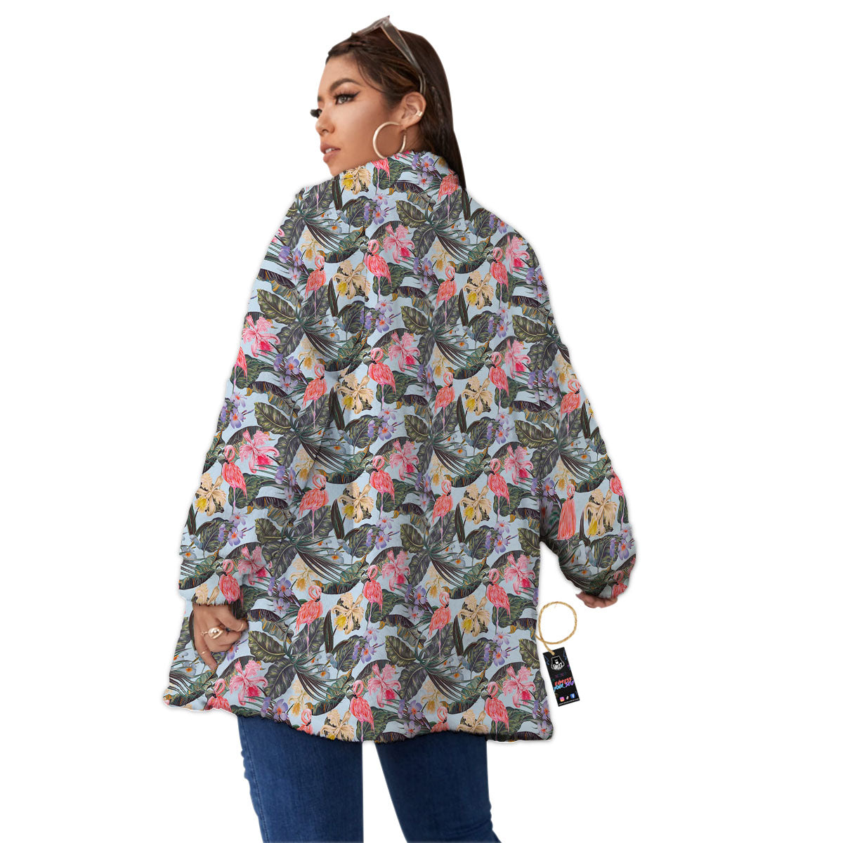 Floral Hawaiian And Flamingo Print Women's Sherpa Jacket-grizzshop
