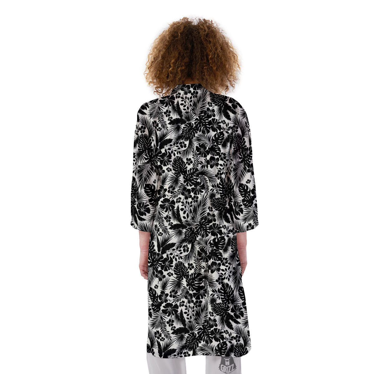 Floral Hawaiian Monochrome Print Pattern Kimono-grizzshop