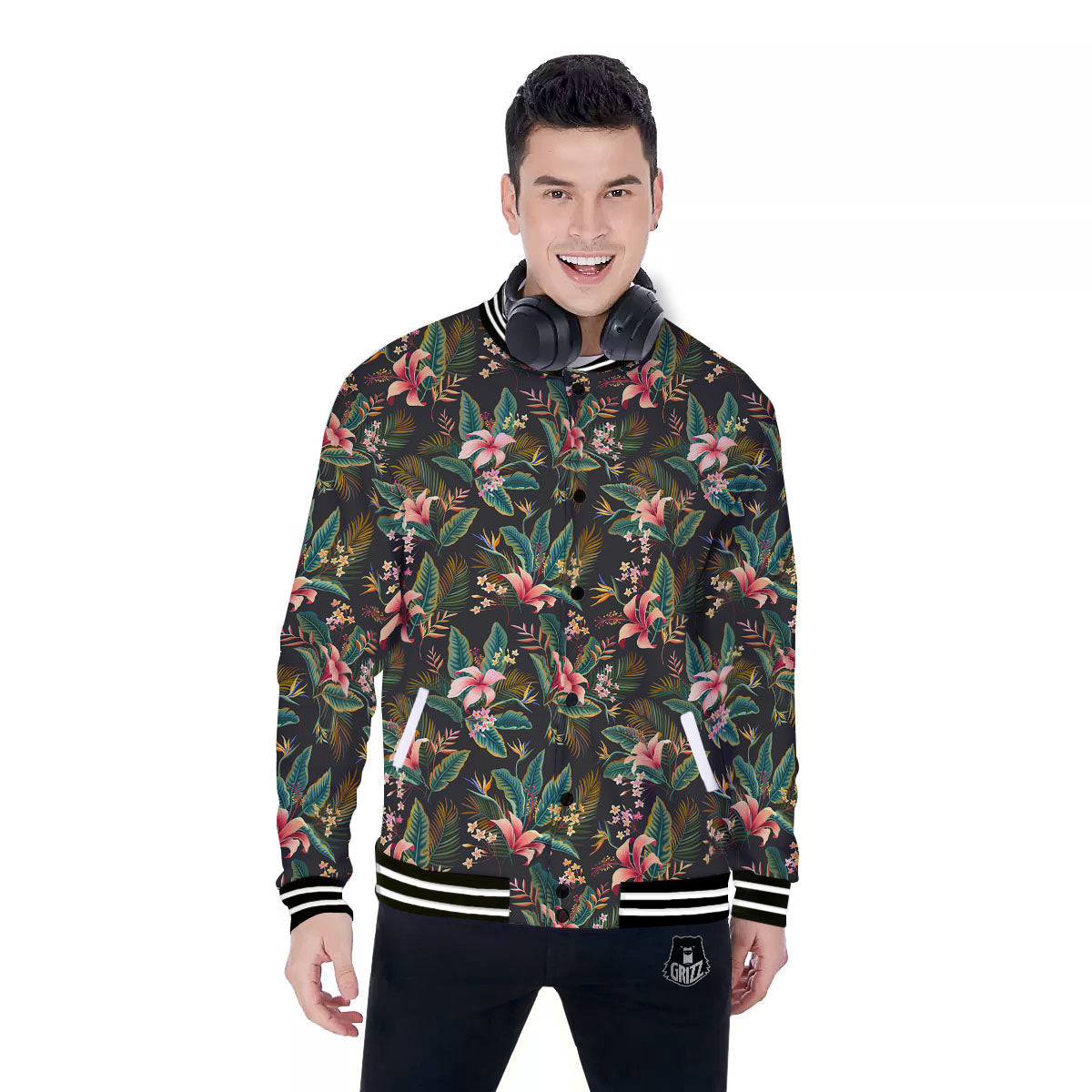 Floral Hawaiian Print Pattern Baseball Jacket-grizzshop