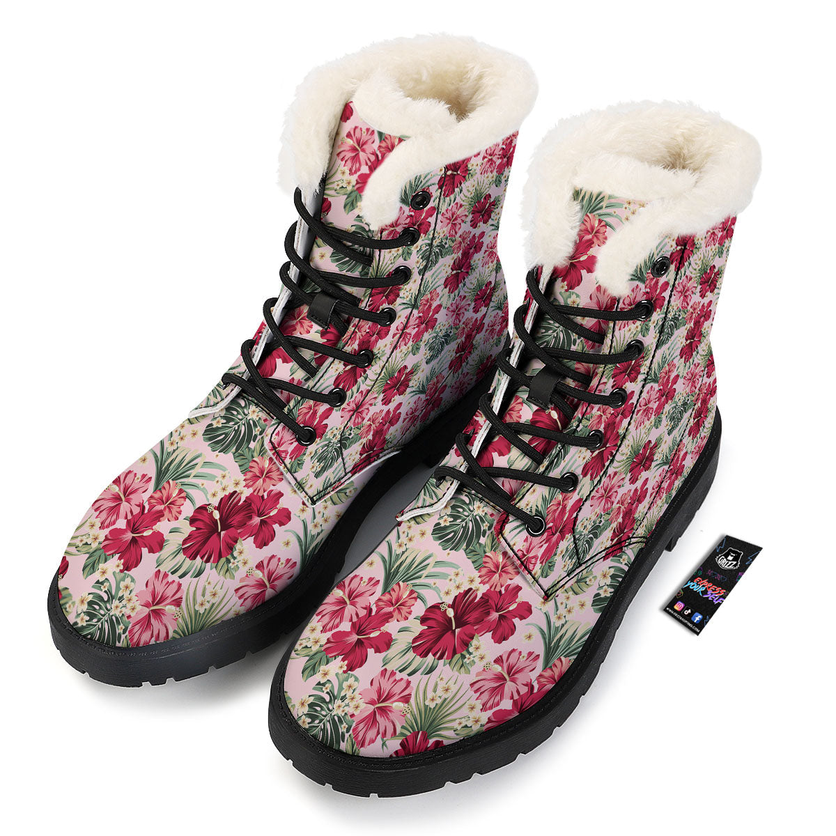 Floral Hibiscus Flower Print Pattern Winter Boots-grizzshop