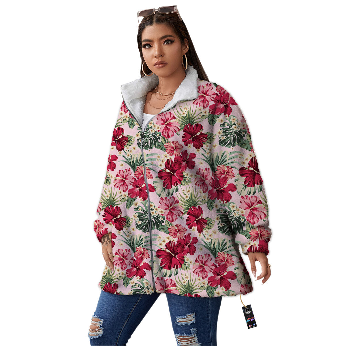Floral Hibiscus Flower Print Pattern Women's Sherpa Jacket-grizzshop