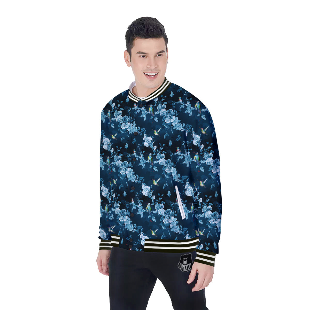Floral Hummingbird Dark Blue Print Baseball Jacket-grizzshop