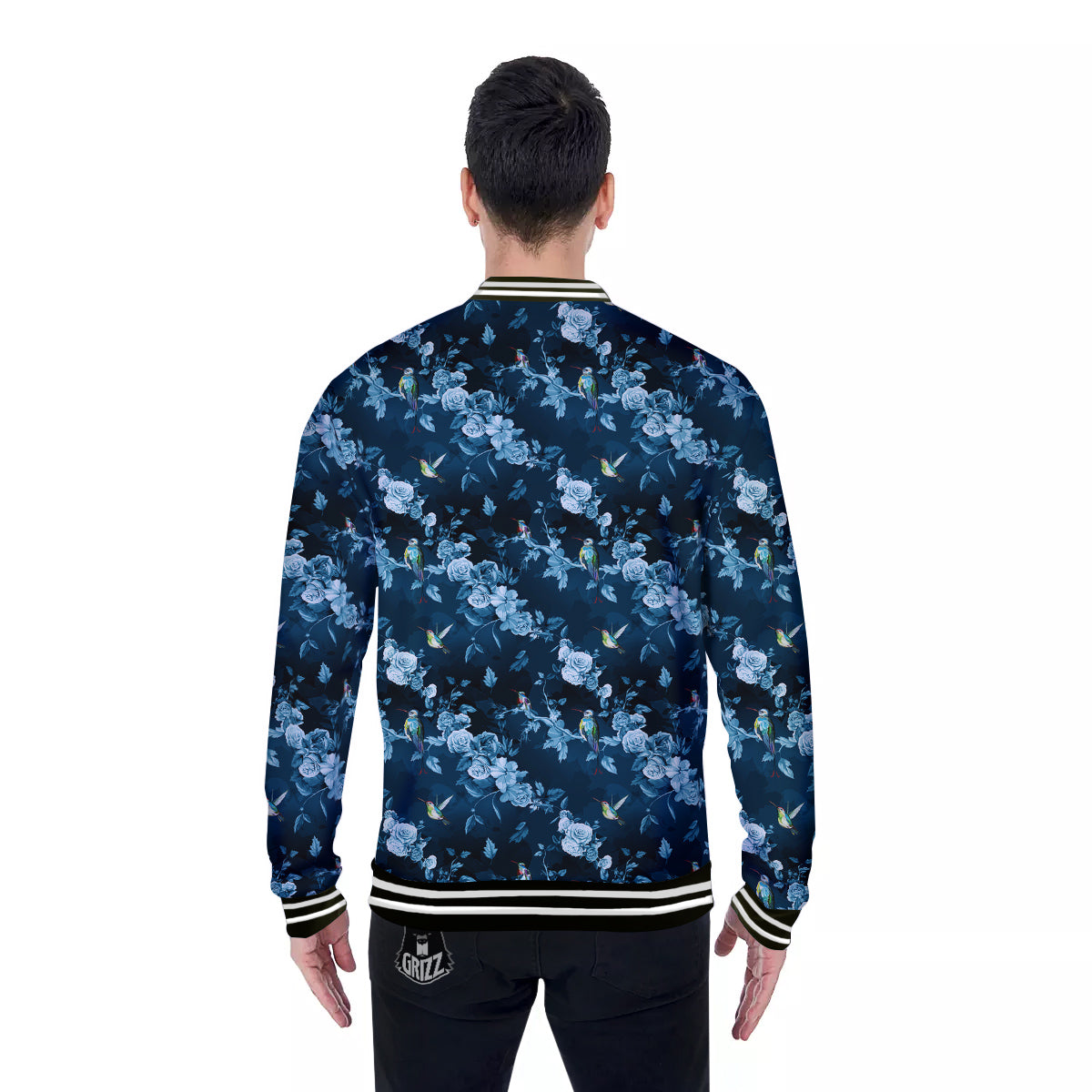 Floral Hummingbird Dark Blue Print Baseball Jacket-grizzshop