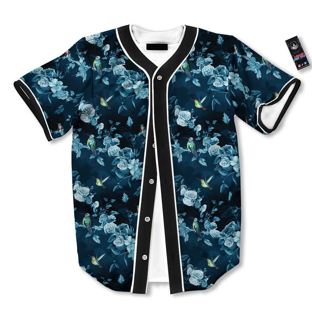 Floral Hummingbird Dark Blue Print Baseball Jersey-grizzshop