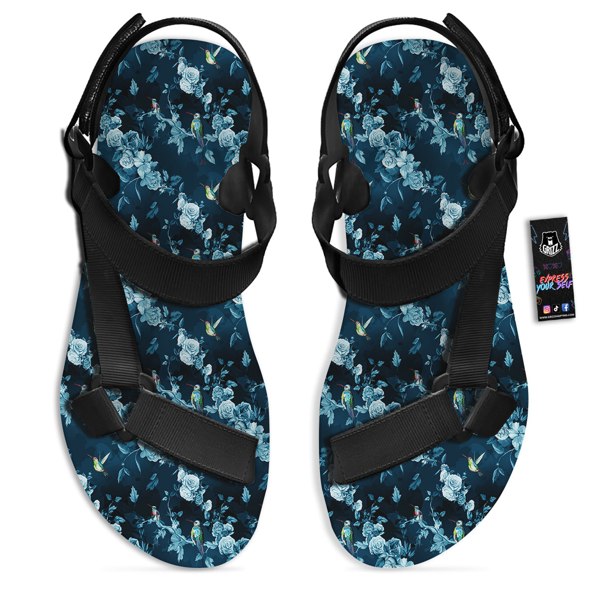 Floral Hummingbird Dark Blue Print Black Open Toe Sandals-grizzshop