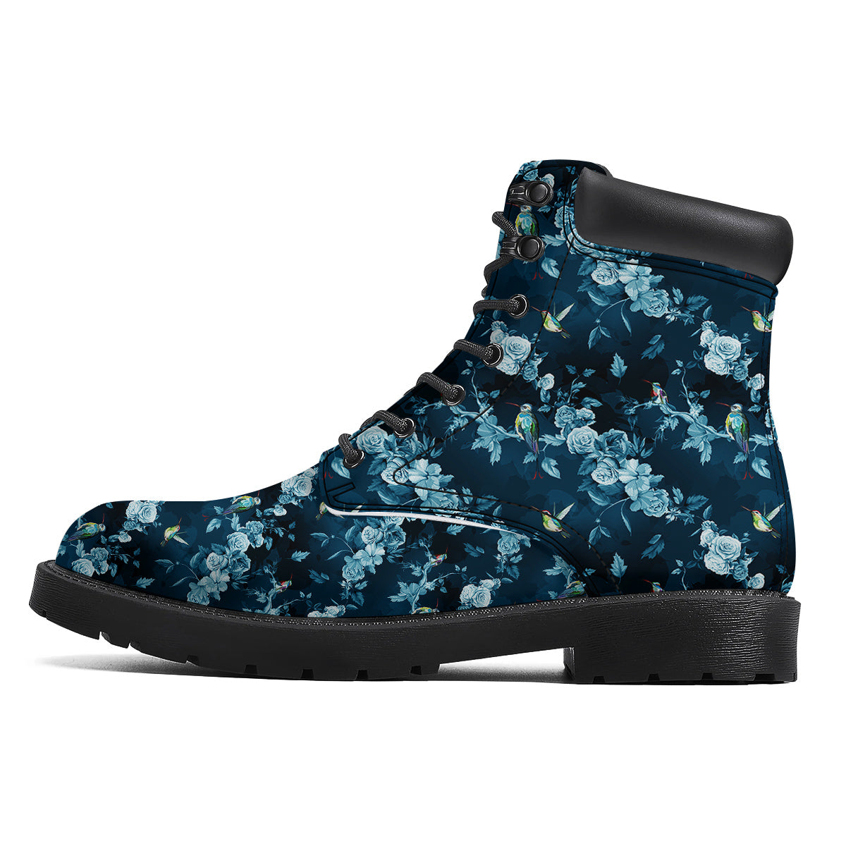 Floral Hummingbird Dark Blue Print Boots-grizzshop