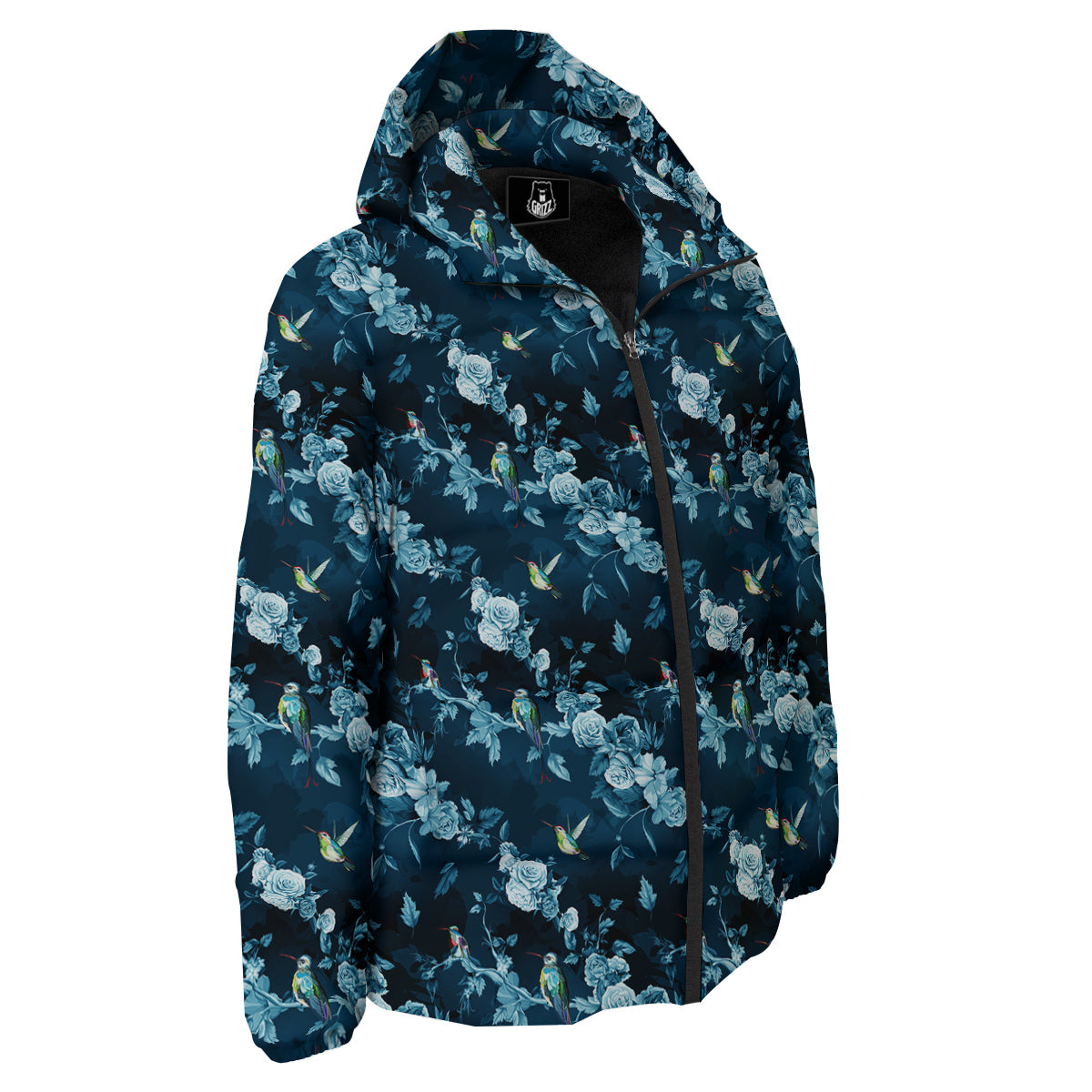 Floral Hummingbird Dark Blue Print Down Jacket-grizzshop