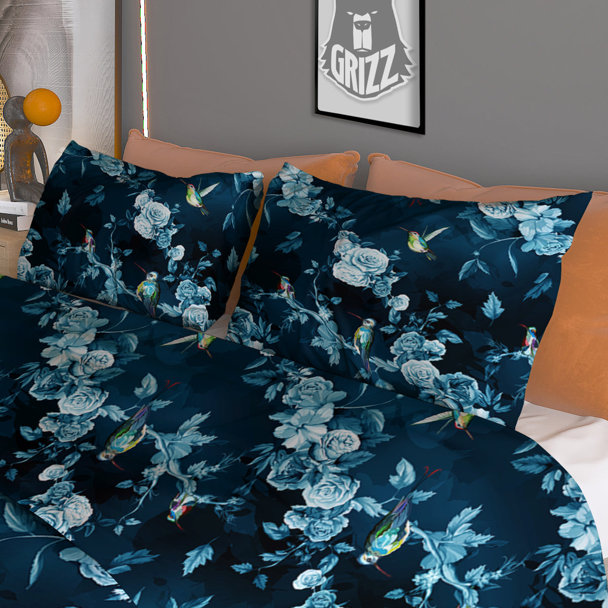 Floral Hummingbird Dark Blue Print Duvet Cover Bedding Set