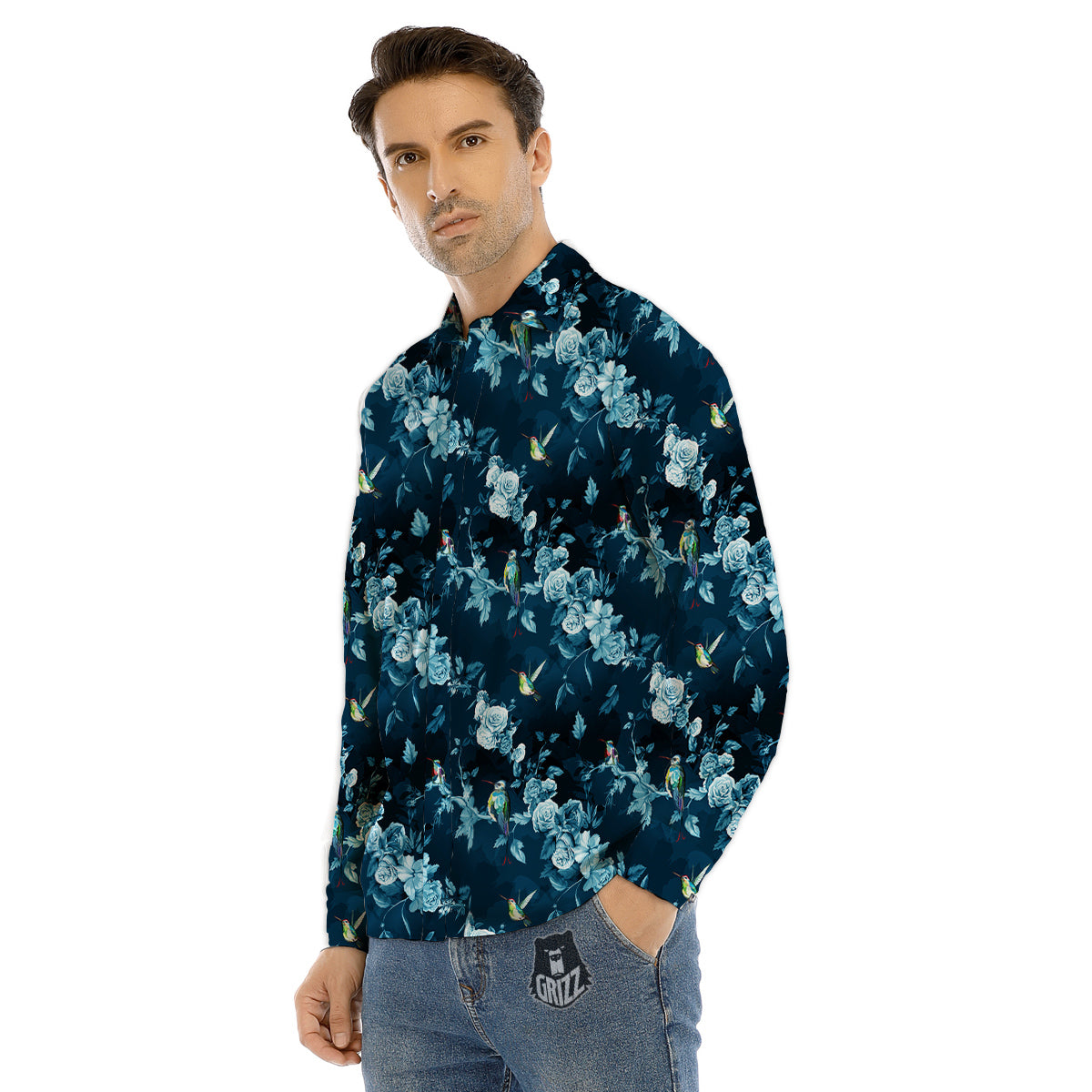 Floral Hummingbird Dark Blue Print Men's Dress Shirts-grizzshop