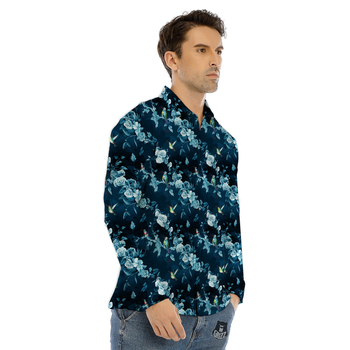 Floral Hummingbird Dark Blue Print Men's Dress Shirts-grizzshop