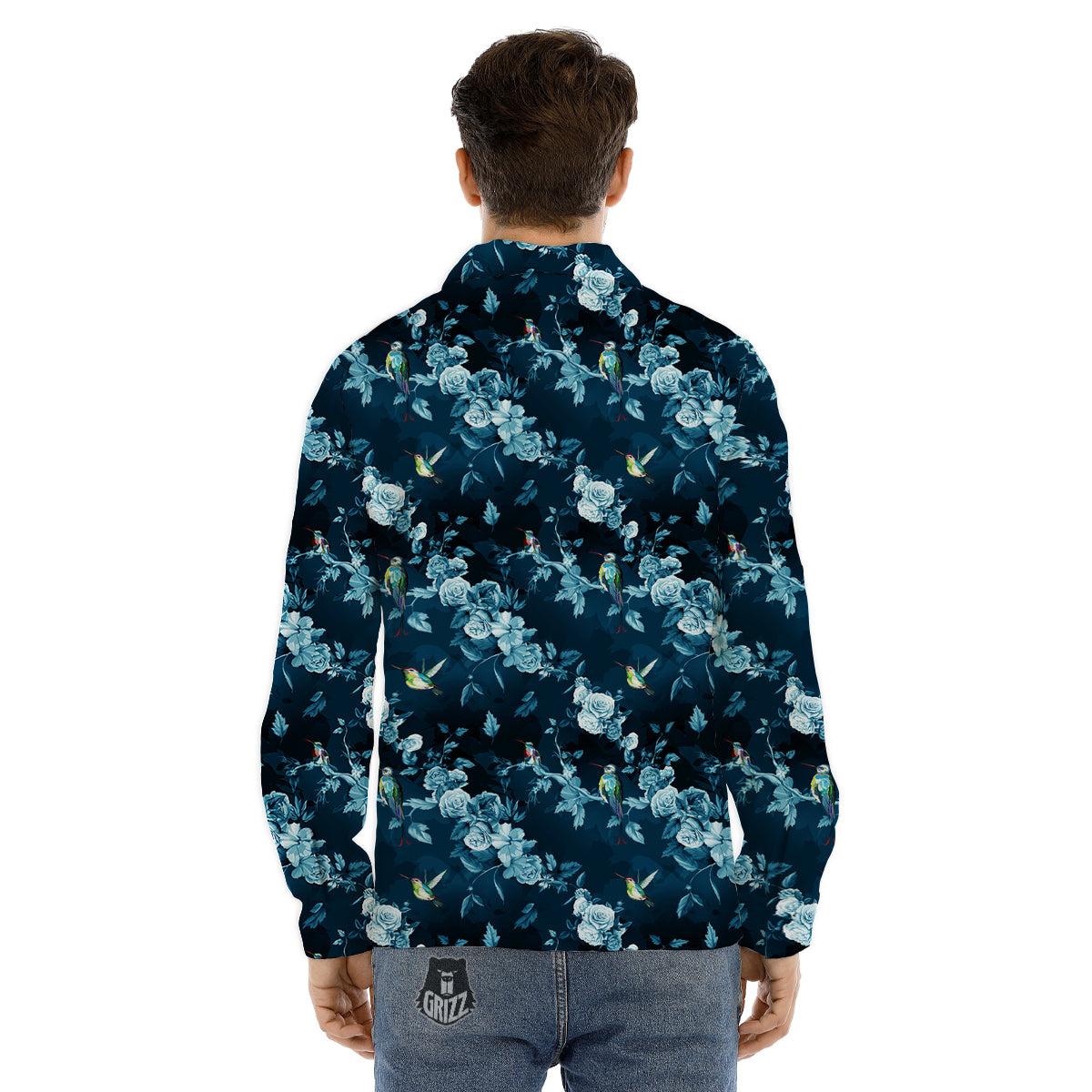 Floral Hummingbird Dark Blue Print Men's Dress Shirts-grizzshop