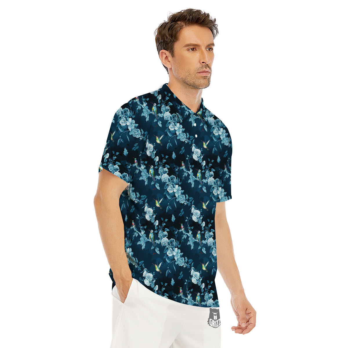 Floral Hummingbird Dark Blue Print Men's Golf Shirts-grizzshop
