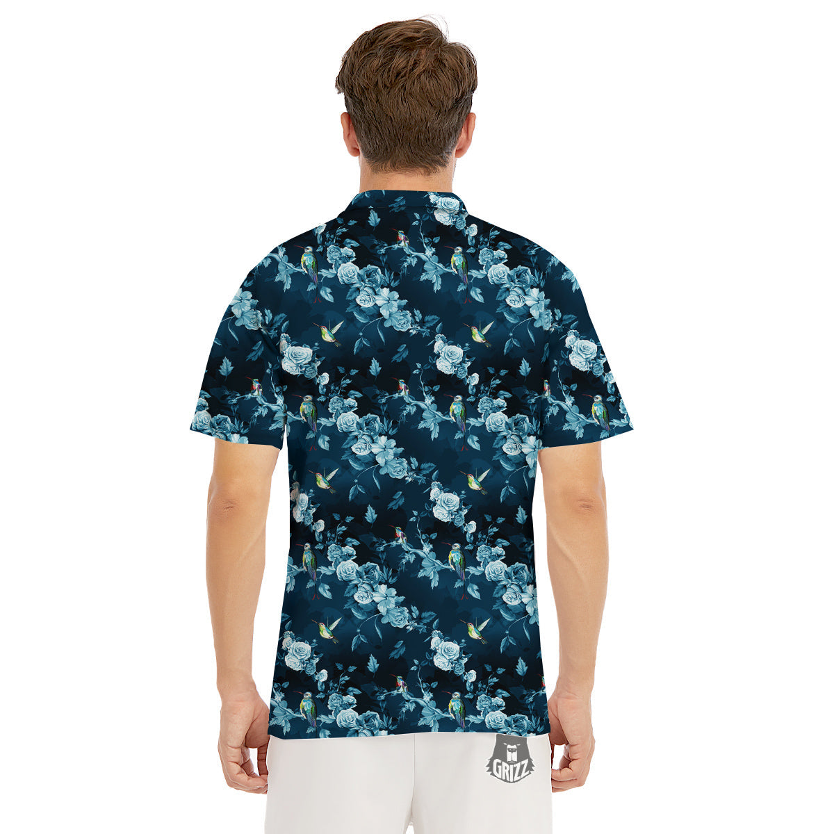 Floral Hummingbird Dark Blue Print Men's Golf Shirts-grizzshop